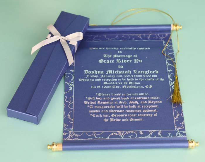 blue scroll wedding invitation