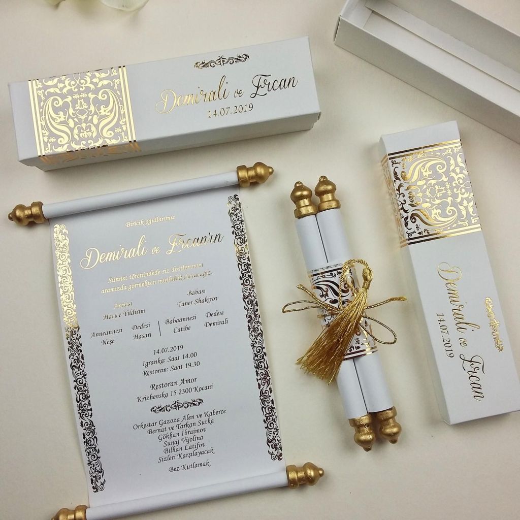 white and golden scroll wedding invitation